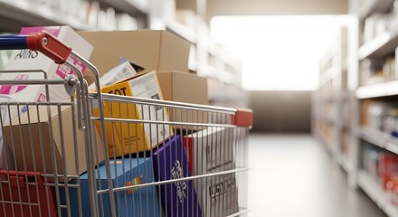 A shopping cart filled with various packages, boxes, and bags in a well-lit store aisle, ready for checkout or transport, with shelves and products in the background