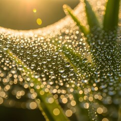 Close-up of a leaf covered in dew drops with sunlight creating a sparkling effect on the water droplets in the early morning