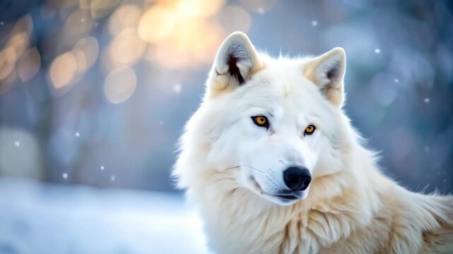 Majestic White Wolf Portrait in a Snowy Winter Forest.