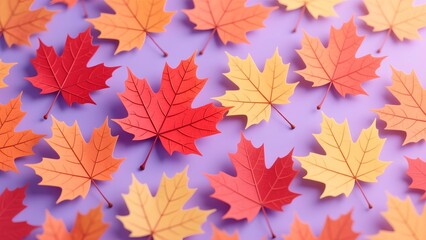 Fototapeta premium Vibrant Autumn Maple Leaves Pattern on Purple Background, Seasonal Fall Foliage Collection