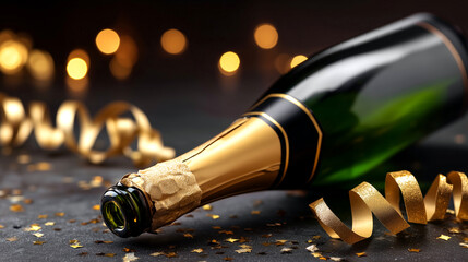 Celebrate in style with a luxurious champagne bottle adorned with sparkling gold ribbon and confetti, perfect for festive occasions and joyous moments.