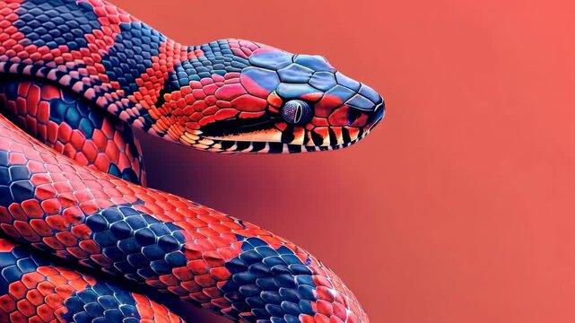 Crimson Coils: A vibrant serpent, its scales a captivating mix of crimson and obsidian, slithers gracefully against a warm backdrop, showcasing its exotic beauty.