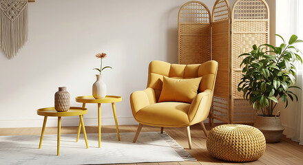 Bright and cozy living room with yellow armchair, plant, decoration and wooden screen wall