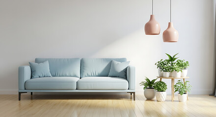 Modern living room interior with blue sofa, wooden floor, plant and lamp on white wall