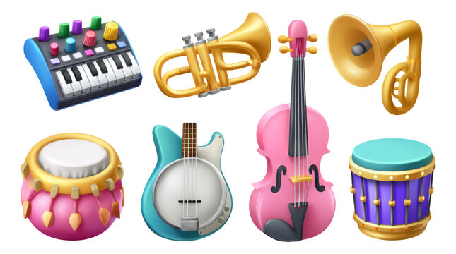 Colorful Collection of Isolated Musical Instruments on Transparent Background