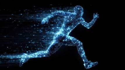 Fototapeta premium Glowing digital human figure sprinting, symbolizing AI and technology