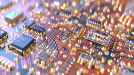 A detailed macro view of a circuit board with chips, micro components, and pathways illuminated by warm golden light, giving a futuristic, high-tech atmosphere