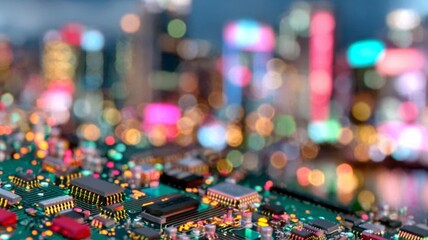 Obraz premium A creative blend of a sharp foreground circuit board against a blurred neon city skyline, combining technology and urban night-life aesthetics