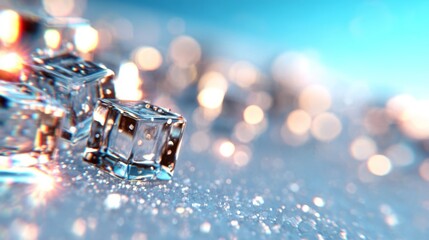 Macro view of crystal-clear ice cubes on a glittering surface with colorful reflections and bokeh light highlights