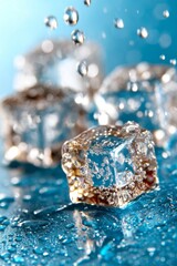 Macro shot of a melting ice cube with falling water droplets, sparkling highlights, and a bright blue background creating a refreshing, dynamic scene