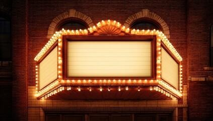 Empty theater marquee glowing with red neon and classic cinema entrance
