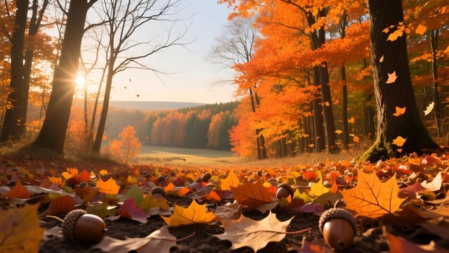 Breathtaking Autumn Forest Landscape with Golden Sunlight Piercing Through Vibrant Foliage and a Ground Blanket of Colorful Leaves, adorned with Acorns