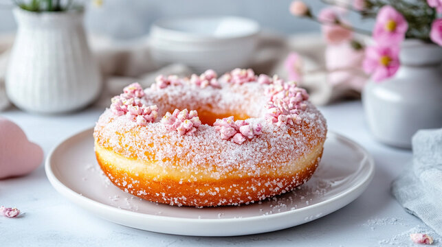 Sugared cruller donut ring on a white plate against a light, modern kitchen background, highlighting texture, sweetness, and minimalist culinary presentation.