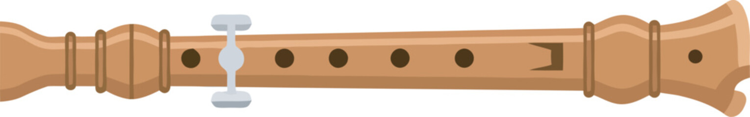 Illustration of a wooden recorder, a wind instrument, with finger holes and keys.