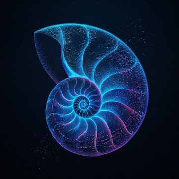 Abstract blue neon nautilus shell on dark background  