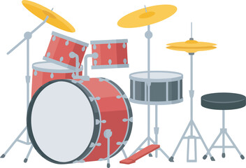 Illustration of a complete drum kit with red drums, cymbals, and a stool, set up for playing.
