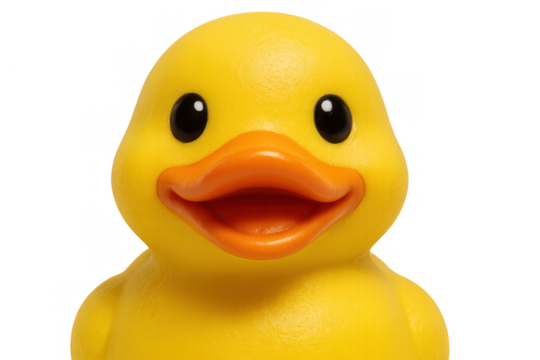 Rubber duck toy with a friendly expression, symbolizing childhood fun, bath time, play, and happiness on transparent background