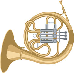 Illustration of a golden French horn with valves and a wide bell, isolated on a white background.