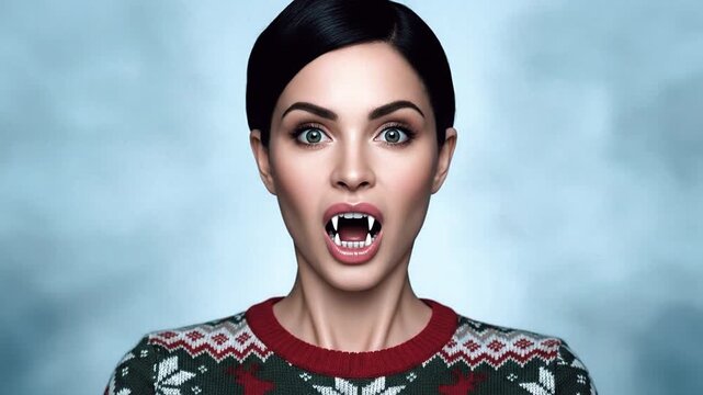 Vampire Woman with Secretary Hairstyle Revealing Fangs in X-Mas Sweater Close-Up