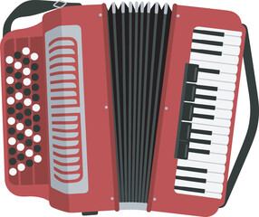 Red accordion with white and black keys, bellows, and buttons.