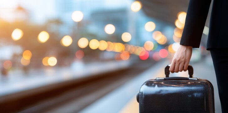 Traveler holding suitcase handle at airport in warm morning light