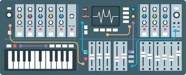 A detailed illustration of a synthesizer with various modules and controls, ready to create music.