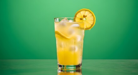 A refreshing glass of lemonade with lemon slices and ice cubes on a vibrant green background, perfect for summer or a cool beverage advertisement