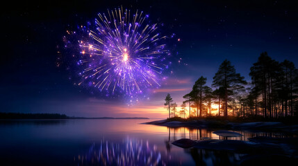 Stunning fireworks display over tranquil lake at twilight creates a magical, celebratory atmosphere perfect for event promotions and festive designs