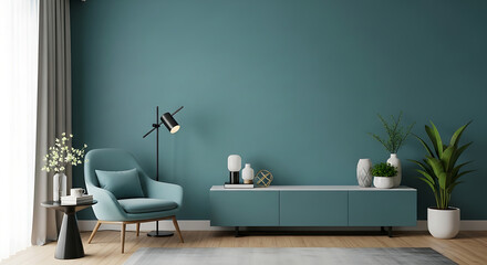 Modern living room interior with armchair, cabinet, lamp and plants on empty green wall