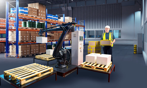 Warehouse automation with robotic arm handling boxes while worker manages packages, improving logistics efficiency in storage facility. - Powered by Adobe