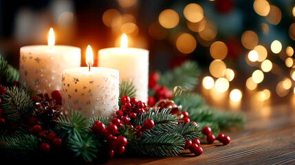 Elegant Christmas candles burning bright with festive holiday decorations creating a warm inviting cozy glow, perfect for holiday greetings and winter celebrations