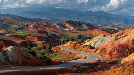 A scenic landscape of orange and red hills with a winding grey road cutting through, evoking a sense of journey, adventure, and natural beauty at golden hour.