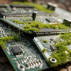 Close-up of electronic circuit boards covered with moss and tiny plants, illustrating the concept of nature reclaiming technology in a detailed macro shot