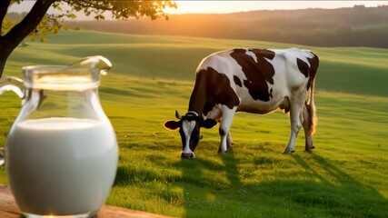 Fresh milk from grazing cows at sunset, a pitcher full of goodness on a wooden table outdoors