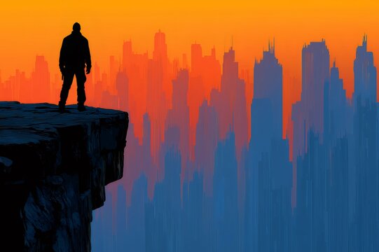 Man silhouetted on cliff overlooking dystopian city skyline