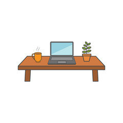 Work from café corner showing a laptop with a mug and plant on a tidy desk. Ideal for cozy productivity scenes, remote work themes, and calm home office setups.
