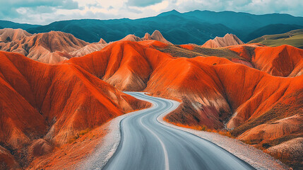 A scenic landscape of orange and red hills with a winding grey road cutting through, evoking a sense of journey, adventure, and natural beauty at golden hour.