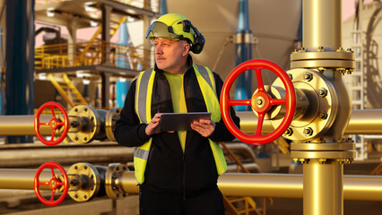 Industrial pipeline operator inspects valve systems with a digital tablet, monitoring fluid flow and ensuring safe, efficient operation of process equipment at the facility.