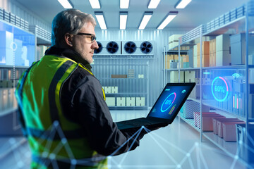 Smart warehouse monitoring specialist checks digital storage data on a laptop, controlling inventory conditions and analyzing sensor-based performance metrics in the facility.
