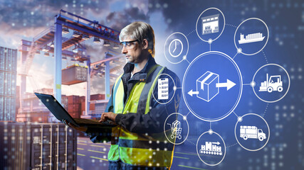 Logistics coordinator manages smart supply chain processes on a laptop, tracking shipment flow,...