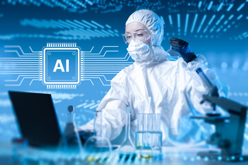 Scientist in protective lab gear conducts research with digital AI integration, combining laboratory experimentation with advanced artificial intelligence for data analysis and innovation.