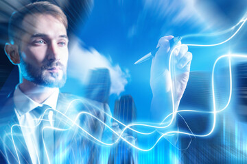 Business innovation strategist visualizes digital growth concepts, sketching dynamic lines to represent future development, strategic planning, and creative corporate vision.