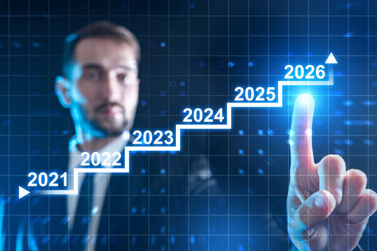 Business forecasting specialist projects growth trends through a digital timeline, analyzing yearly progress and planning strategic development from 2021 to 2026.