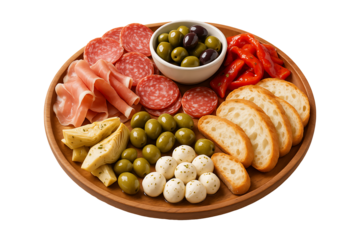 Italian Antipasto Platter with Meats Cheeses and Olives Isolated on a Transparent Background