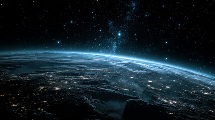 Fototapeta premium A stunning view of Earth from orbit at night, illuminated cities and continents glowing against the dark expanse of space, capturing planetary beauty and isolation.