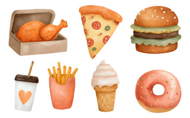 Colorful Watercolor Fast Food Collection with Isolated Items on Transparent Background