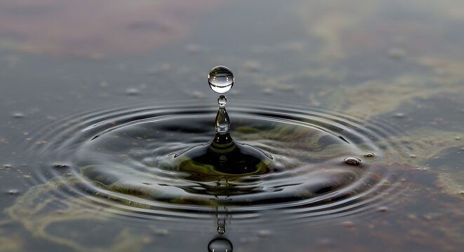 A close-up of a water droplet falling into a calm surface creating ripples and a reflective sphere above the water