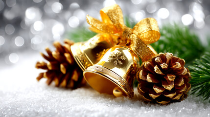 Festive gold Christmas bells with glittering ribbon and pine cones create a magical holiday atmosphere perfect for seasonal promotions and heartfelt greetings
