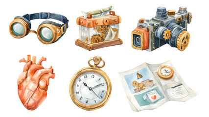 Vintage Industrial Fantasy Invention Workshop Elements in Watercolor Style