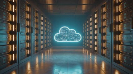 Server room featuring glowing cloud icon for data storage and cloud computing solutions in the future - Powered by Adobe